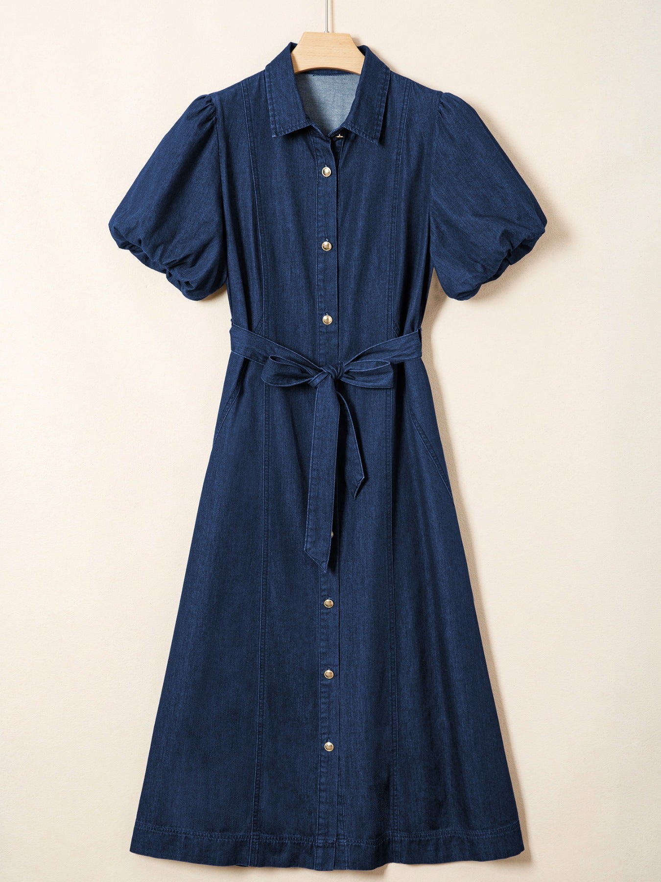 secret mission button down belted denim midi dress Denim Belted Midi Dress S